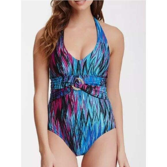 Spanx Wavelength blue one piece halter swimsuit shaping slimming Size 8 - Picture 1 of 11